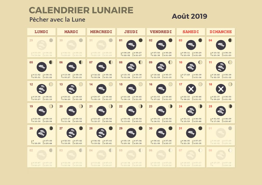 calendrier lunaire pêche août 2019