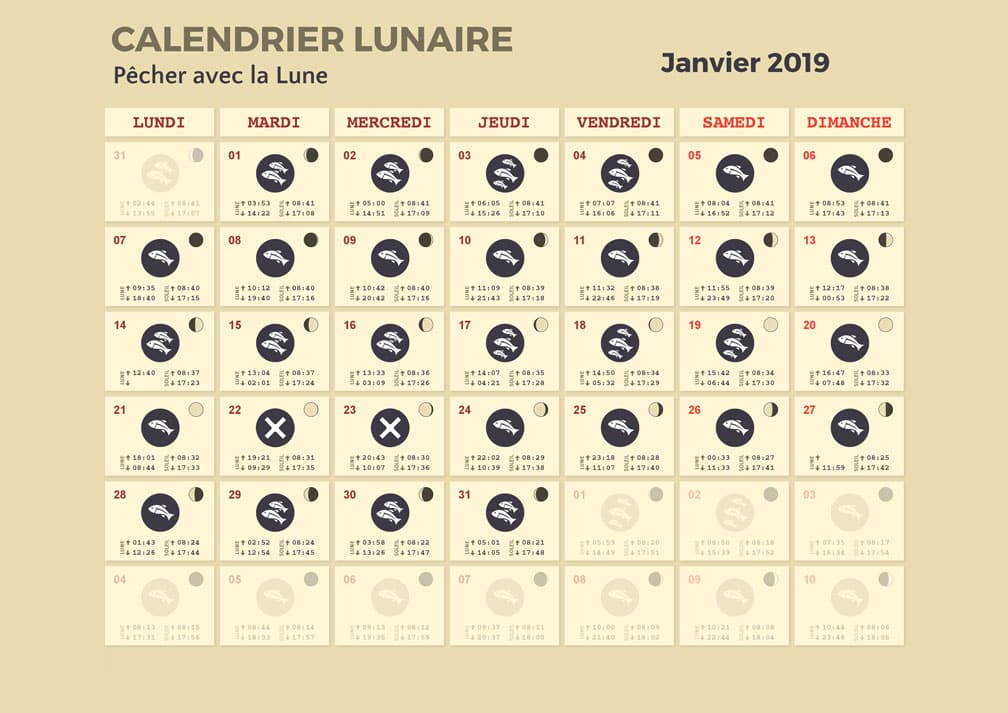 calendrier lunaire pêche janvier 2019